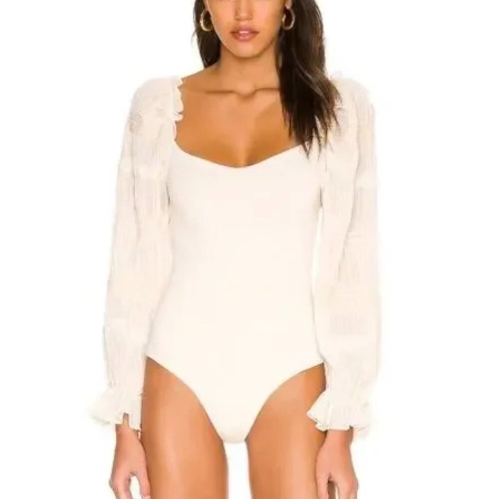 ASTR The Label Gillian Puff Sleeve Ruffle Metallic Embroidered Bodysuit size M